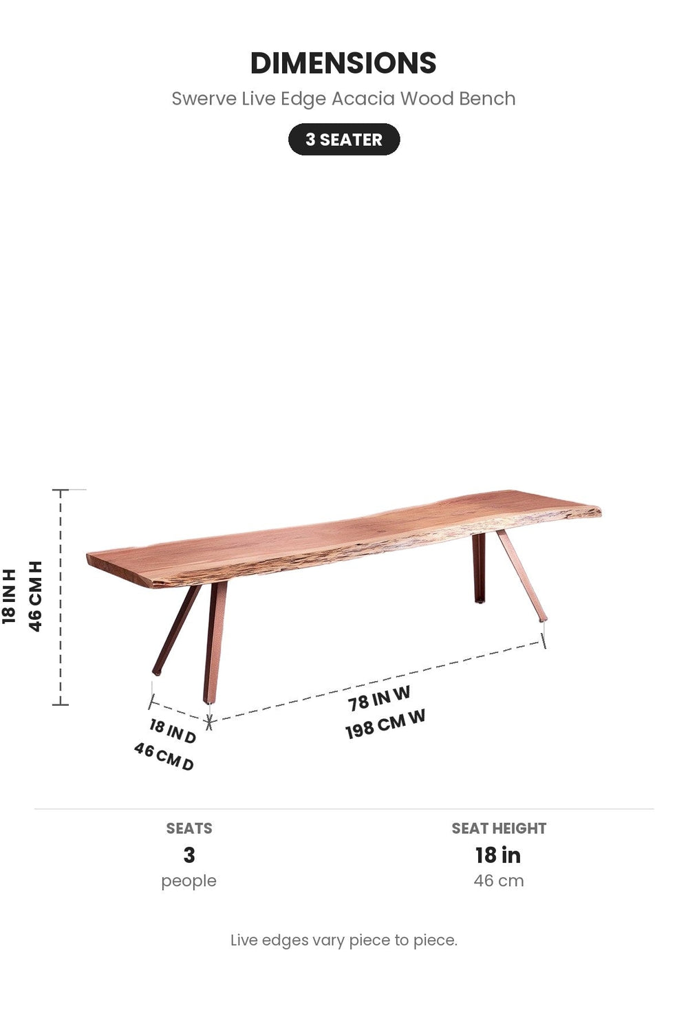 BENCHES Swerve Live Edge Acacia Wood And Metal Bench