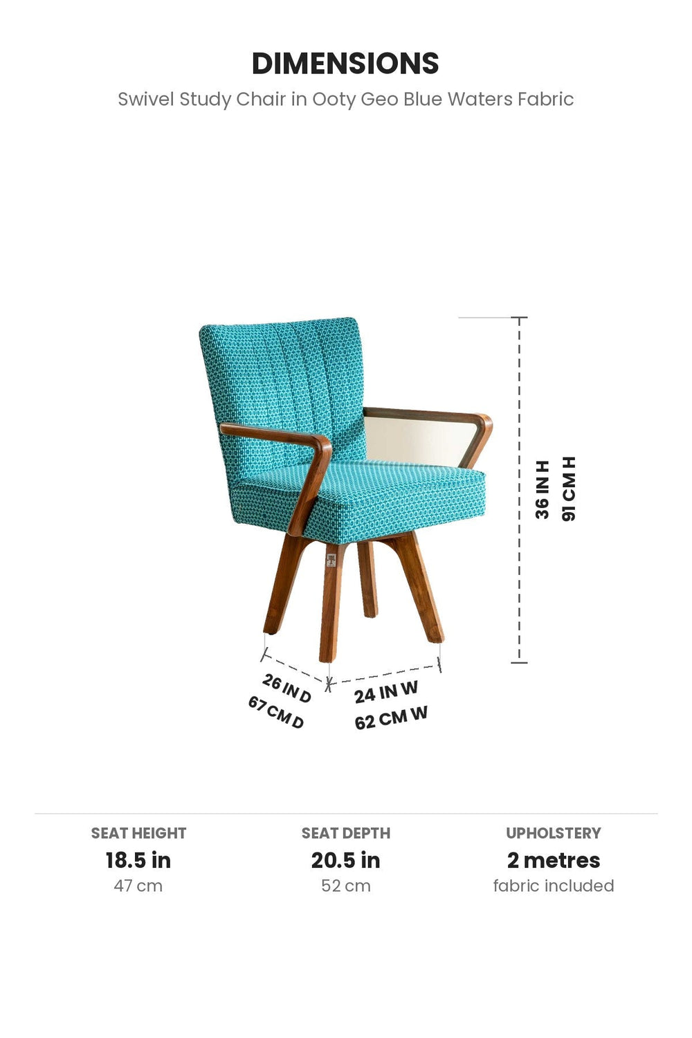 Upholstered Bundle Swivel Study Chair in Ooty Geo Blue Waters Fabric