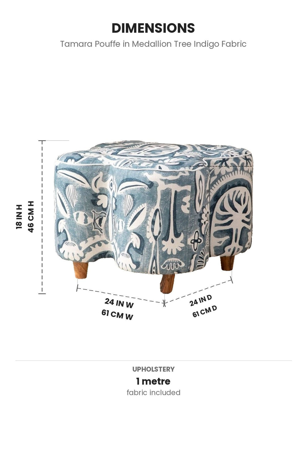 Upholstered Bundle Tamara Pouffe in Medallion Tree Indigo Fabric