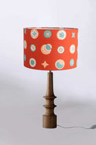 Turned Wood Natural Table Lamp with Celestial Sky Drum Lampshade (Amber Orange)