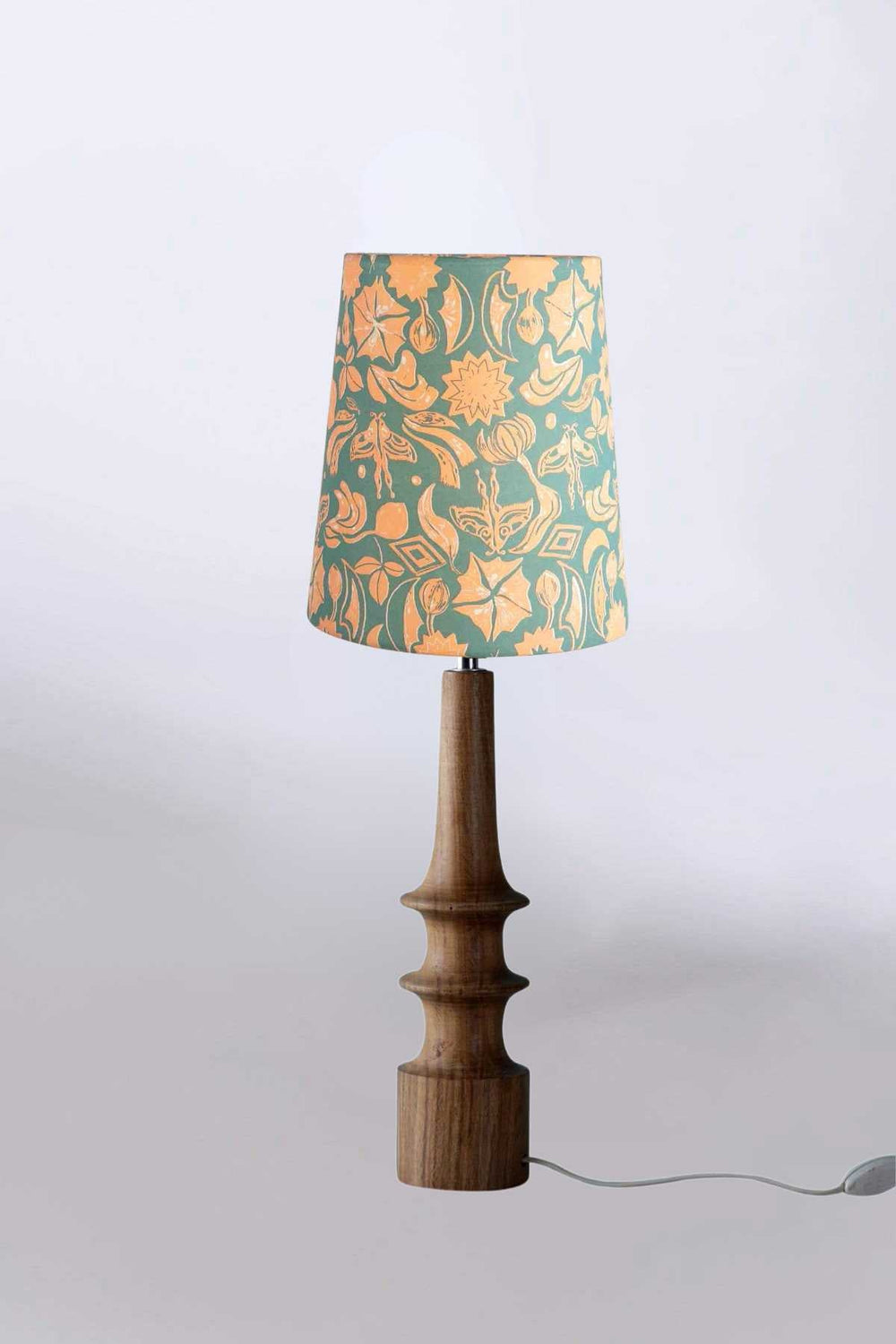 Lighting Bundle Turned Wood Natural Table Lamp with Creatures Of The Night Taper Lampshade (Blue Coral)