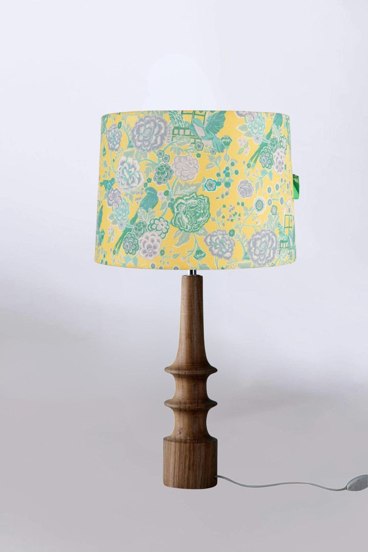 Lighting Bundle Turned Wood Natural Table Lamp with Damask Rose Taper Drum Lampshade (Butter Yellow)