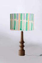 Turned Wood Natural Table Lamp with Geo Block Drum Lampshade (Celadon Green)