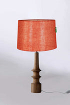 Turned Wood Natural Table Lamp with Solid Taper Drum Lampshade (Dusky Red)
