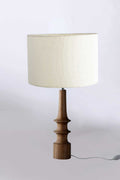 Lighting Bundle Turned Wood Natural Table Lamp with Solid Drum Lampshade (Off White)