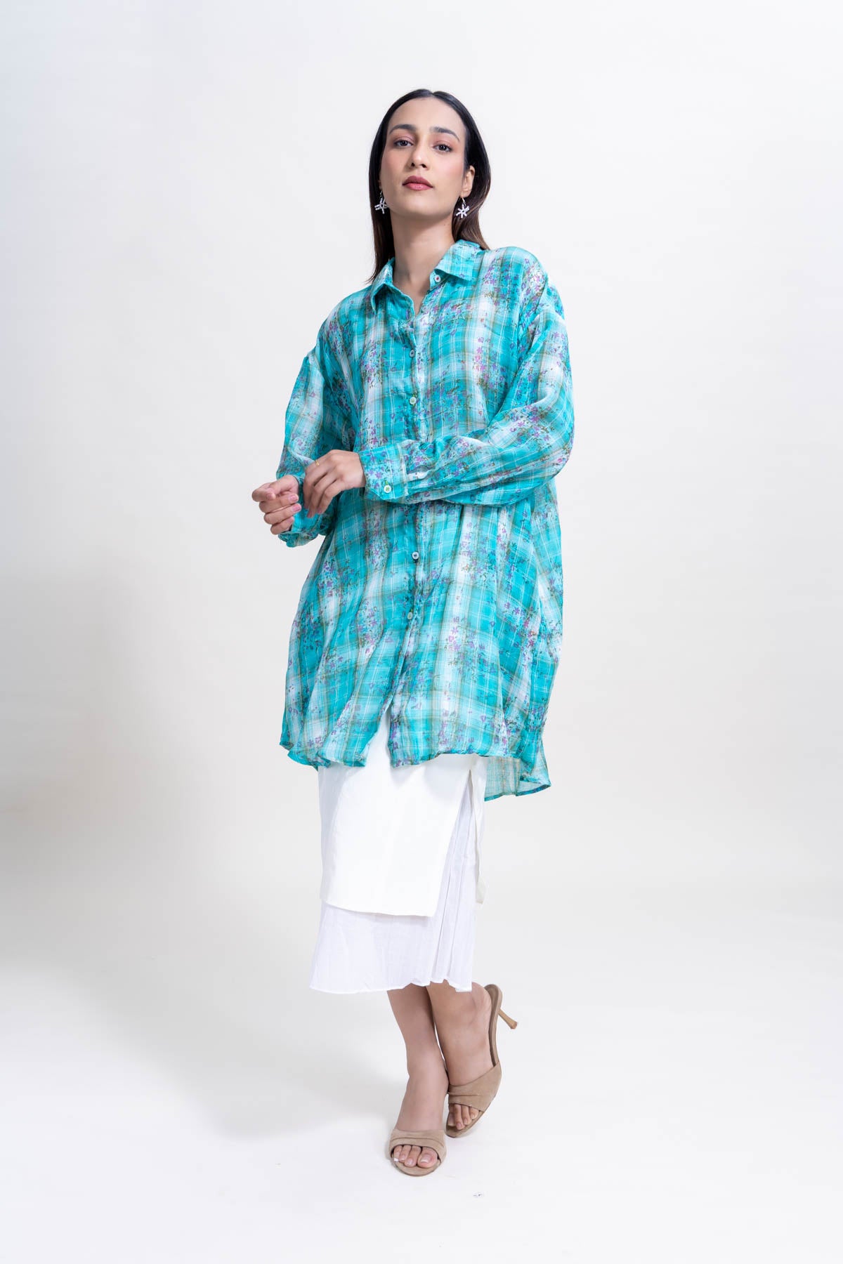 TOPS Trellis Floral Oversize Shirt (Turquoise)