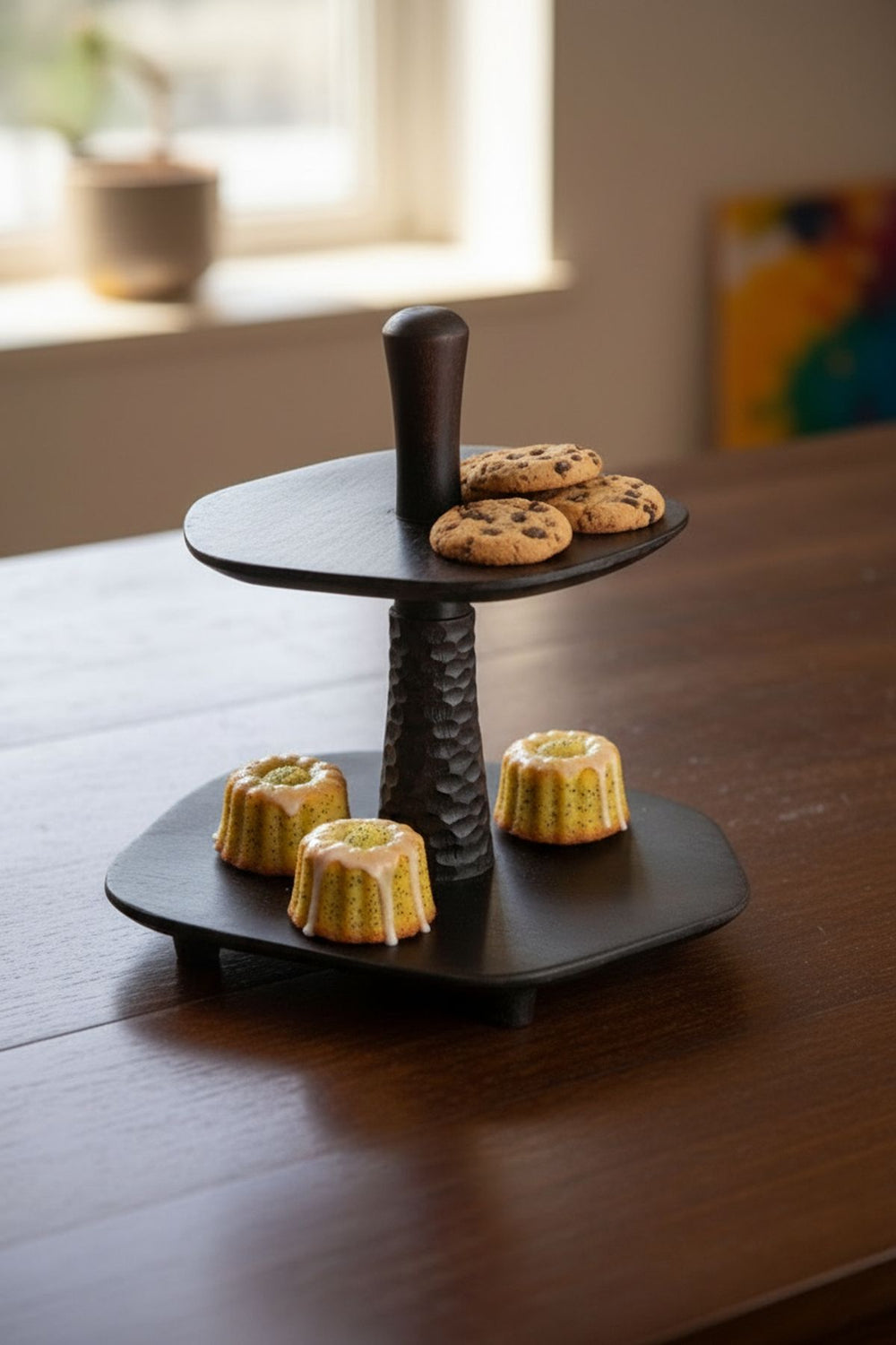 SERVING BOARDS Orbit Two Tier Walnut Serving Stand