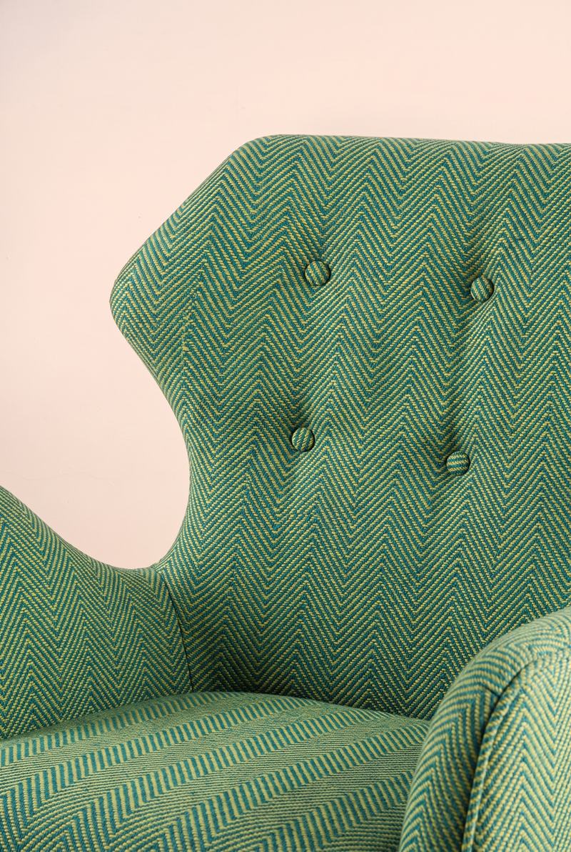 Upholstered Bundle Winged Accent Chair in Herringbone Astral Green Fabric