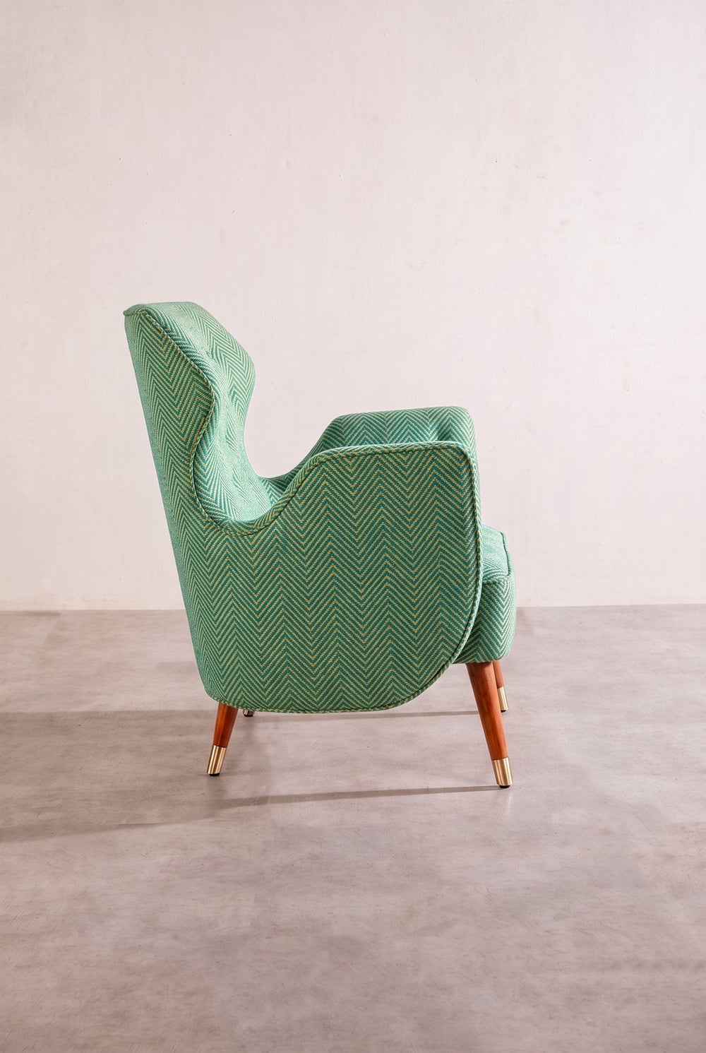 Upholstered Bundle Winged Accent Chair in Herringbone Astral Green Fabric