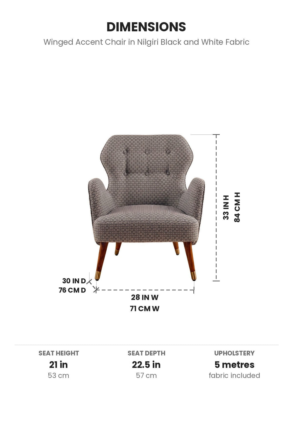 Upholstered Bundle Winged Accent Chair in Nilgiri Black and White Fabric