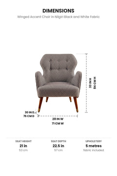 Upholstered Bundle Winged Accent Chair in Nilgiri Black and White Fabric