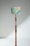 Wooden Teak Wood Floor Lamp with Rorschach Drum Lampshade (Emerald Green)