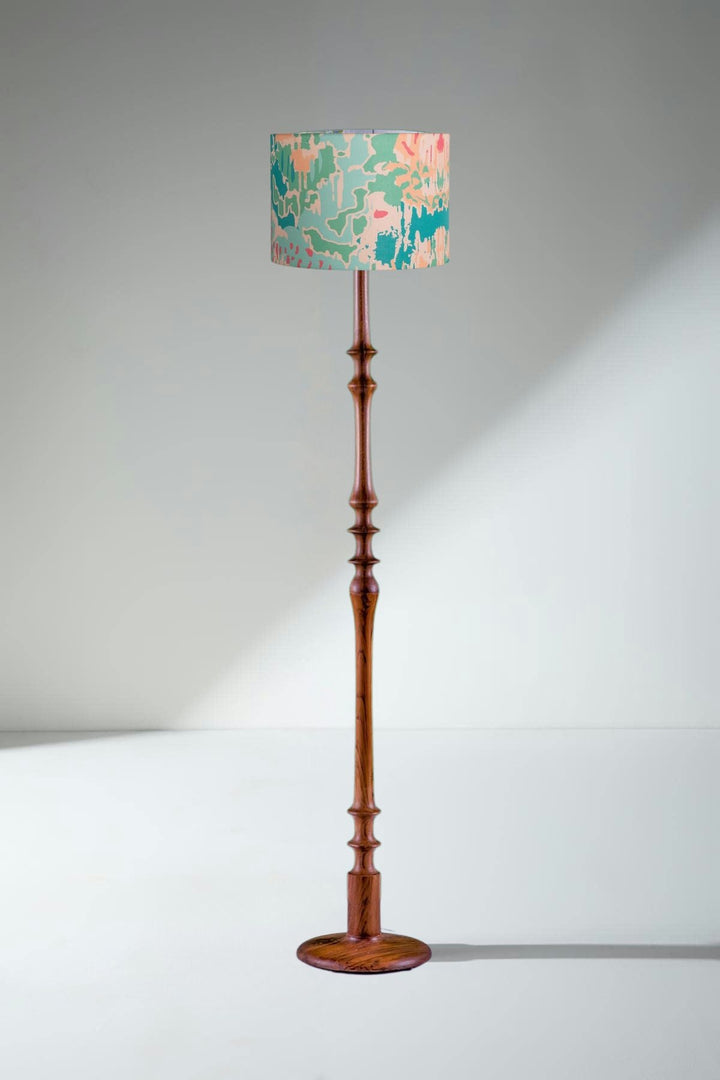 Lighting Bundle Wooden Teak Wood Floor Lamp with Rorschach Drum Lampshade (Emerald Green)