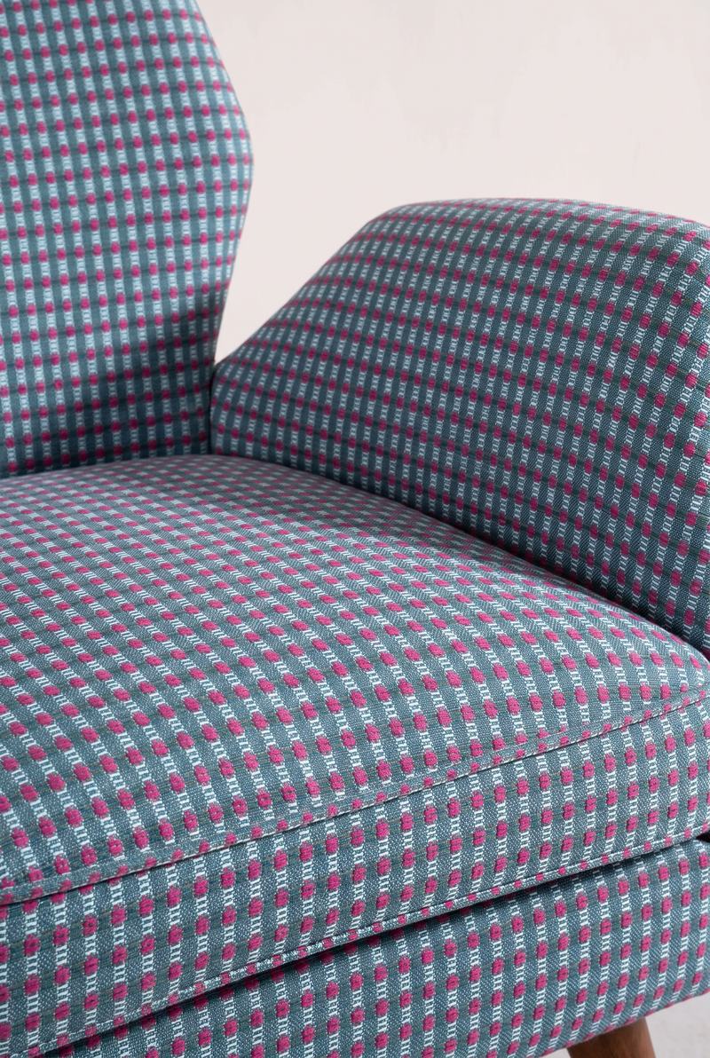 Upholstered Bundle Wrap Accent Chair in Code Shadow Plum Blue Fabric