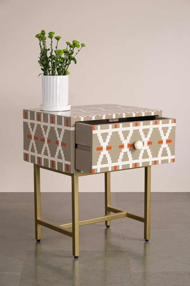 BEDSIDE TABLE Lattice Inlay Bedside Table (Taupe)