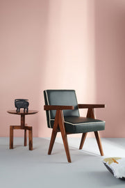 ARMCHAIR Civic Leather Accent Chair (Teak Wood)