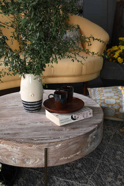 COFFEE TABLE Drum White Washed Coffee Table (Teak Wood)