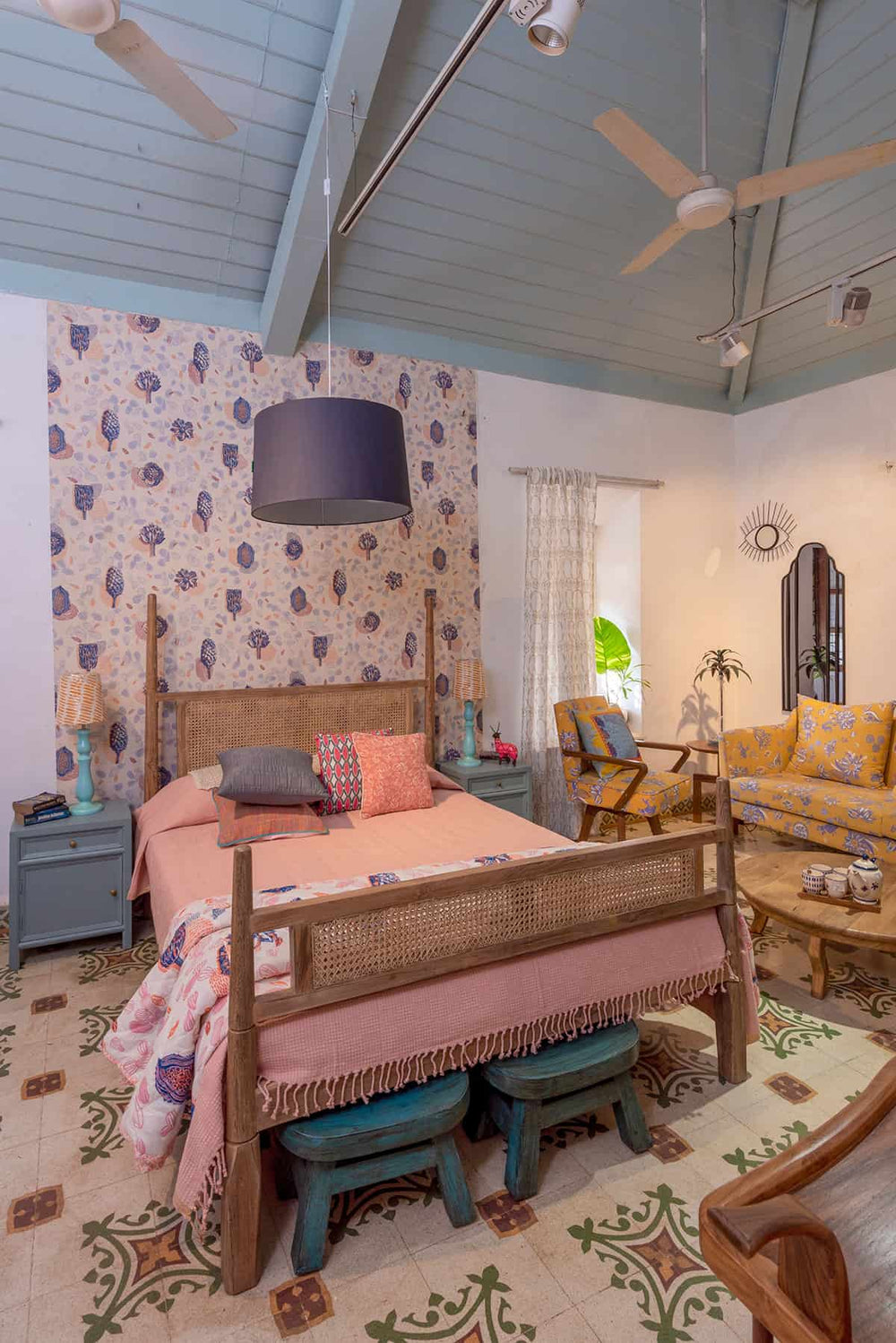 BED Four Poster Wicker Bed (White Wash)