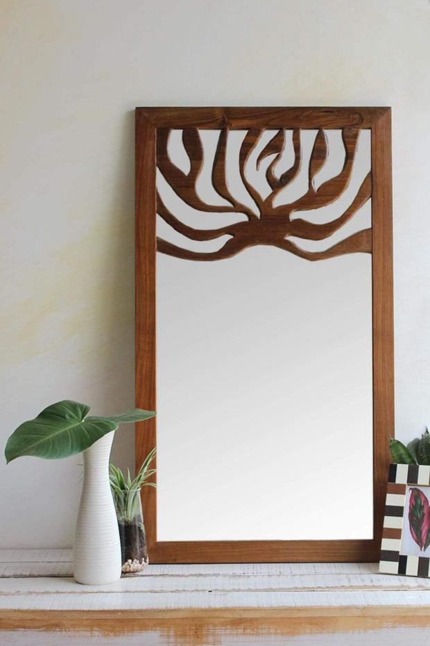 A Small Teak Wood Mirror And Handcrafted Natural Wood Style