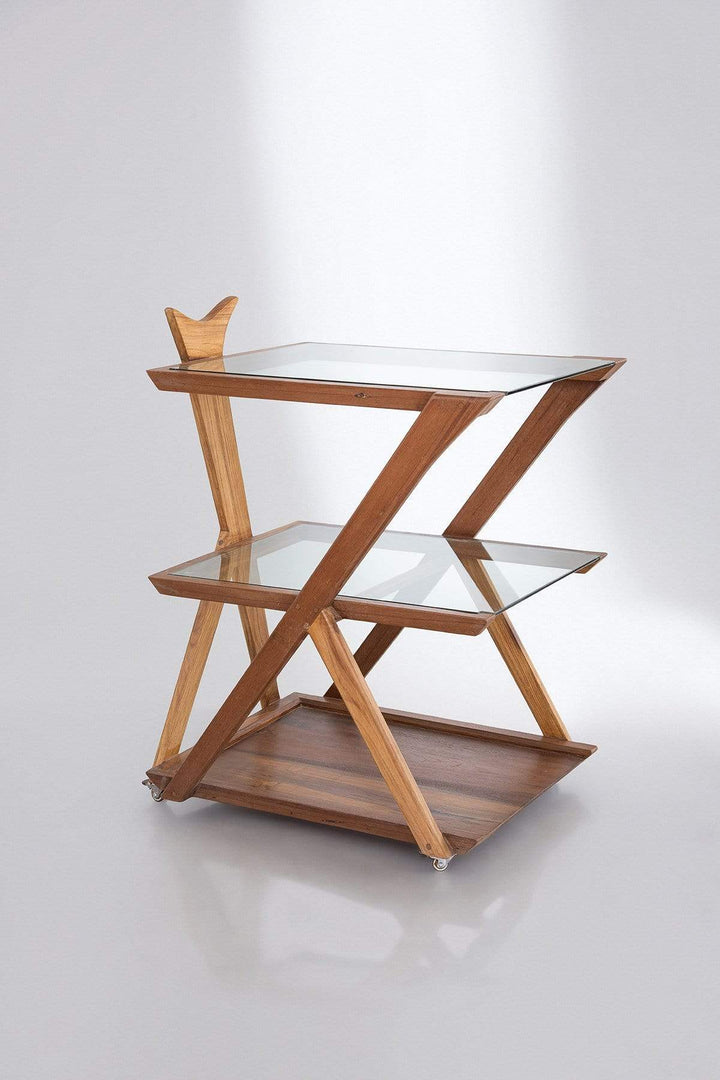 TROLLEY Glass Top Teak Wood Trolley