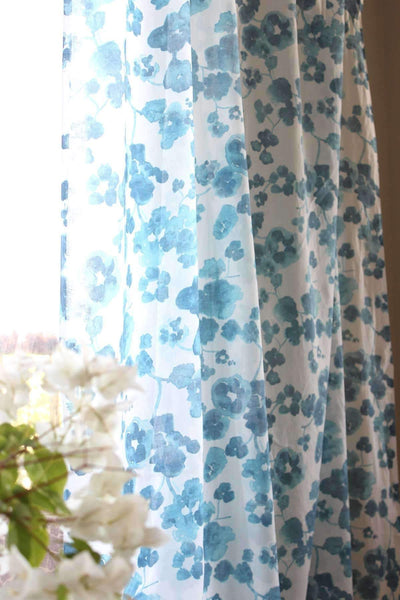SHEER FABRIC AND CURTAINS Inky Blossom Sheer Fabric And Curtains (Blue / Lime)