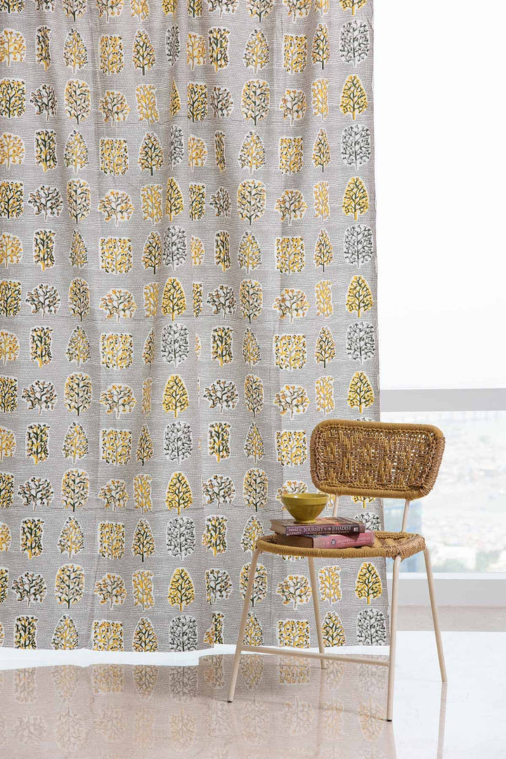 COTTON CURTAINS Palash Grey/Yellow Cotton Curtain & Blinds