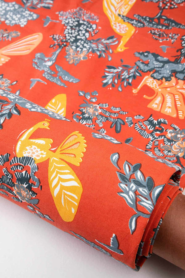 PRINT & PATTERN HEAVY FABRIC Peacock Song Printed Upholstery Fabric (Passion Coral)