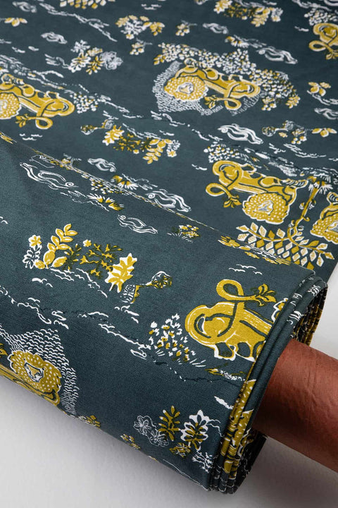 UPHOLSTERY FABRIC Resting Lion Printed Upholstery Fabric (Grey Lime)