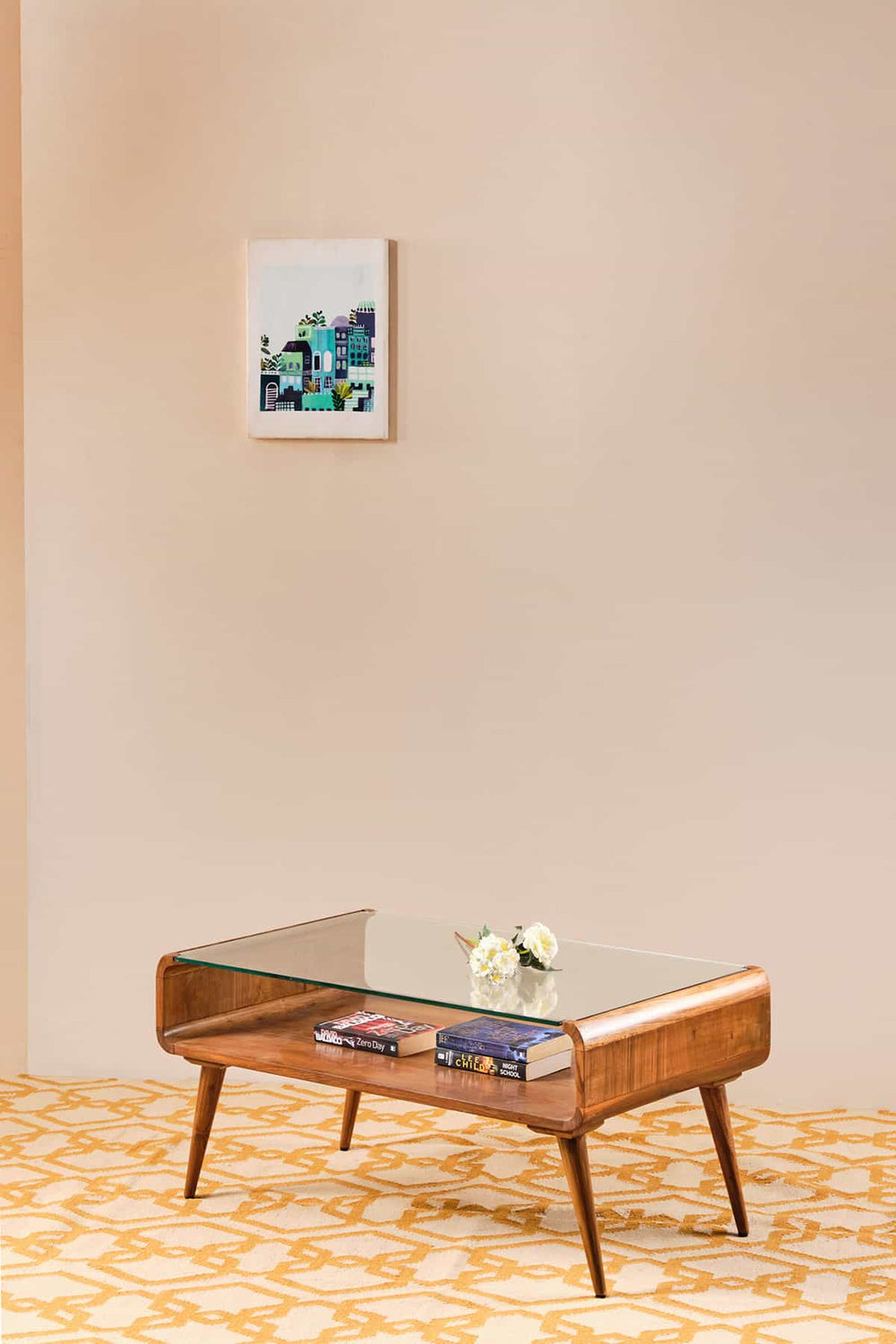 COFFEE TABLE Retro Glass Top Coffee Table (Teak Wood)