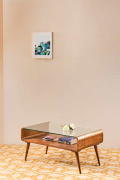 COFFEE TABLE Retro Glass Top Coffee Table (Teak Wood)