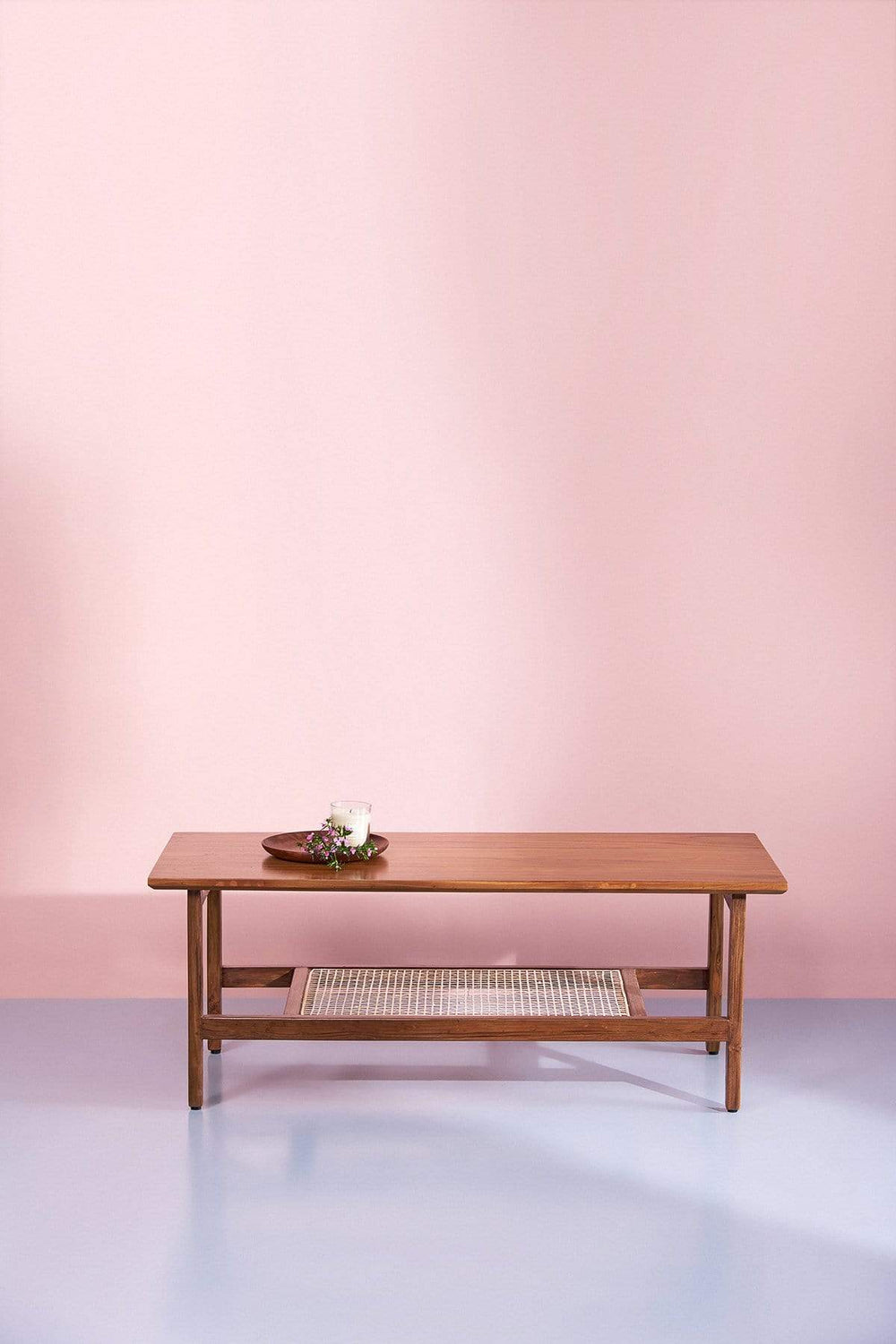 Sleek Teak Wood And Wicker Coffee Table