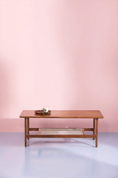 Sleek Teak Wood And Wicker Coffee Table