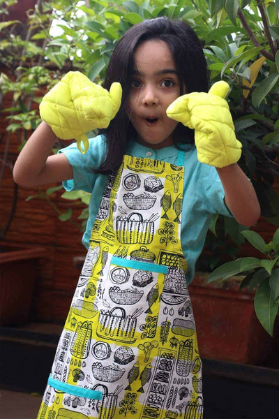 KITCHEN LINEN Solid Kids Oven Mitts Neon Yellow (Set of 2)