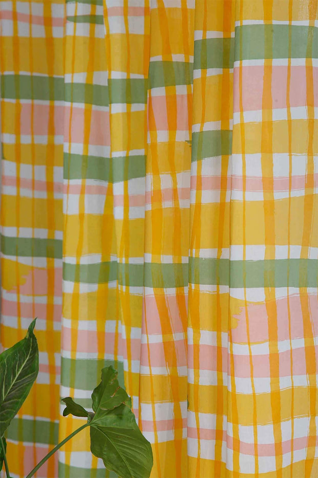SHEER FABRIC AND CURTAINS SWATCH Summer Squares Sheer Fabric And Curtains (Yellow/Sage) Swatch