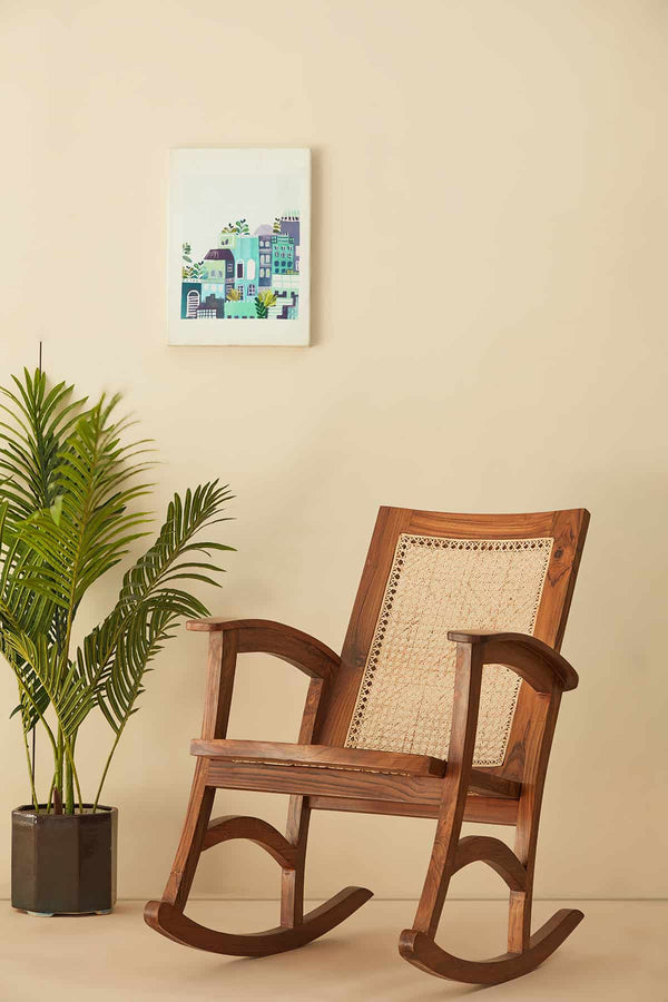 Rocking Teak Wood And Wicker Armchair
