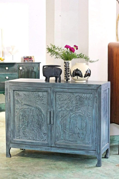 CABINETS Udanti Carved Cabinet (Washed Blue)