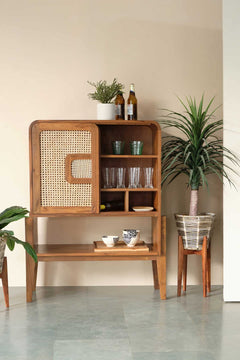 Teak Wood And Wicker Bar Cabinet