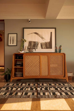 Teak Wood And Wicker Sideboard